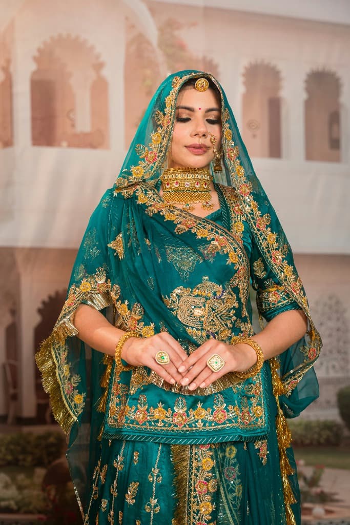 Woman in Teal and Gold Indian Attire
