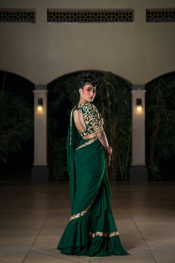 Green Contemporary Fusion Saree